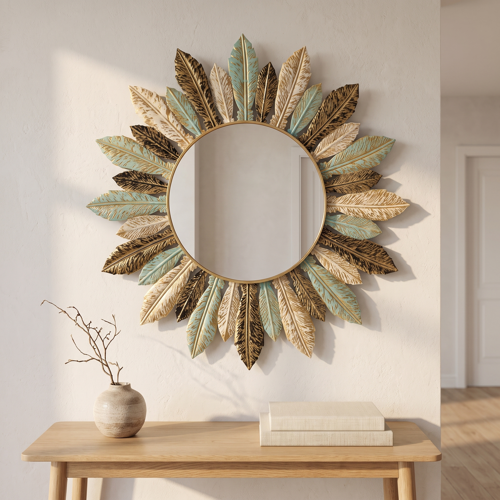 Miroir mural soleil bohème en métal bleu canard et doré, entrée scandinave