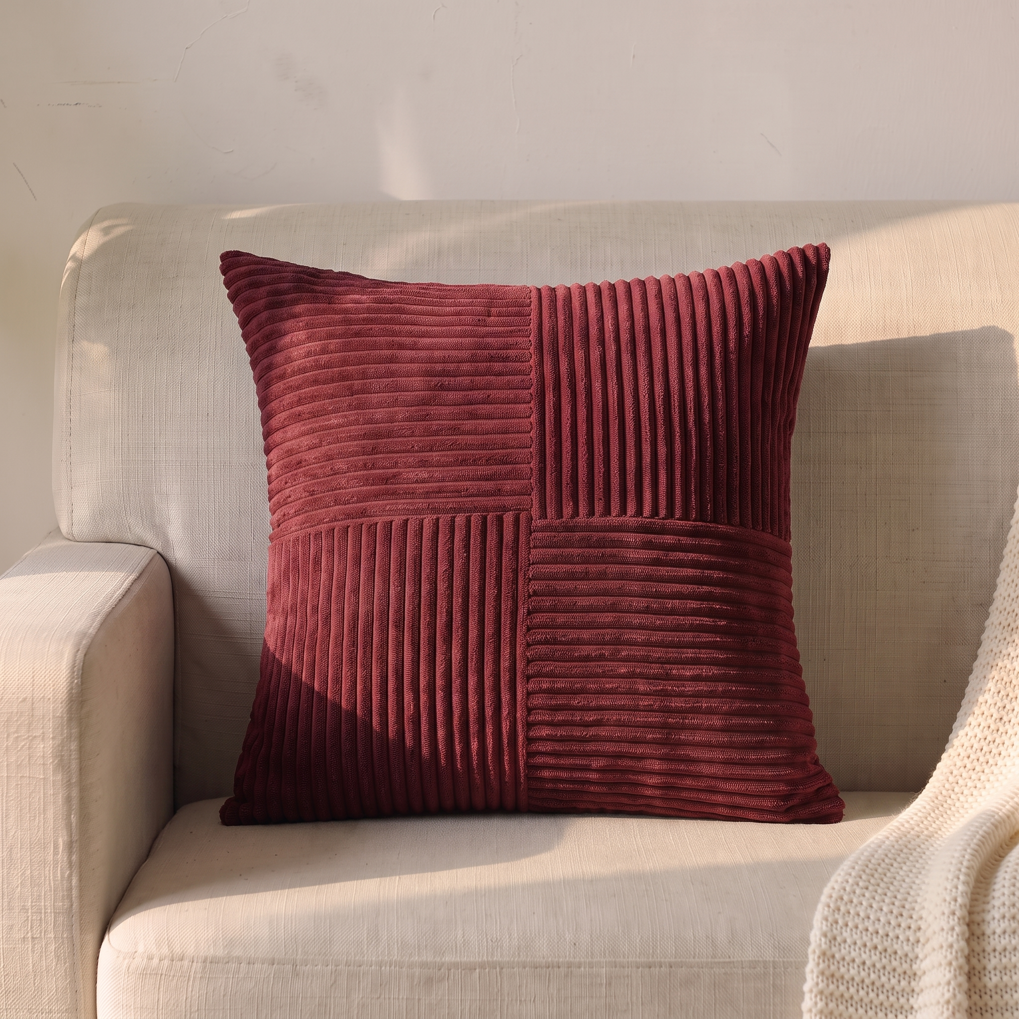 Housse de coussin velours côtelé rouge bordeaux, 45 × 45 cm