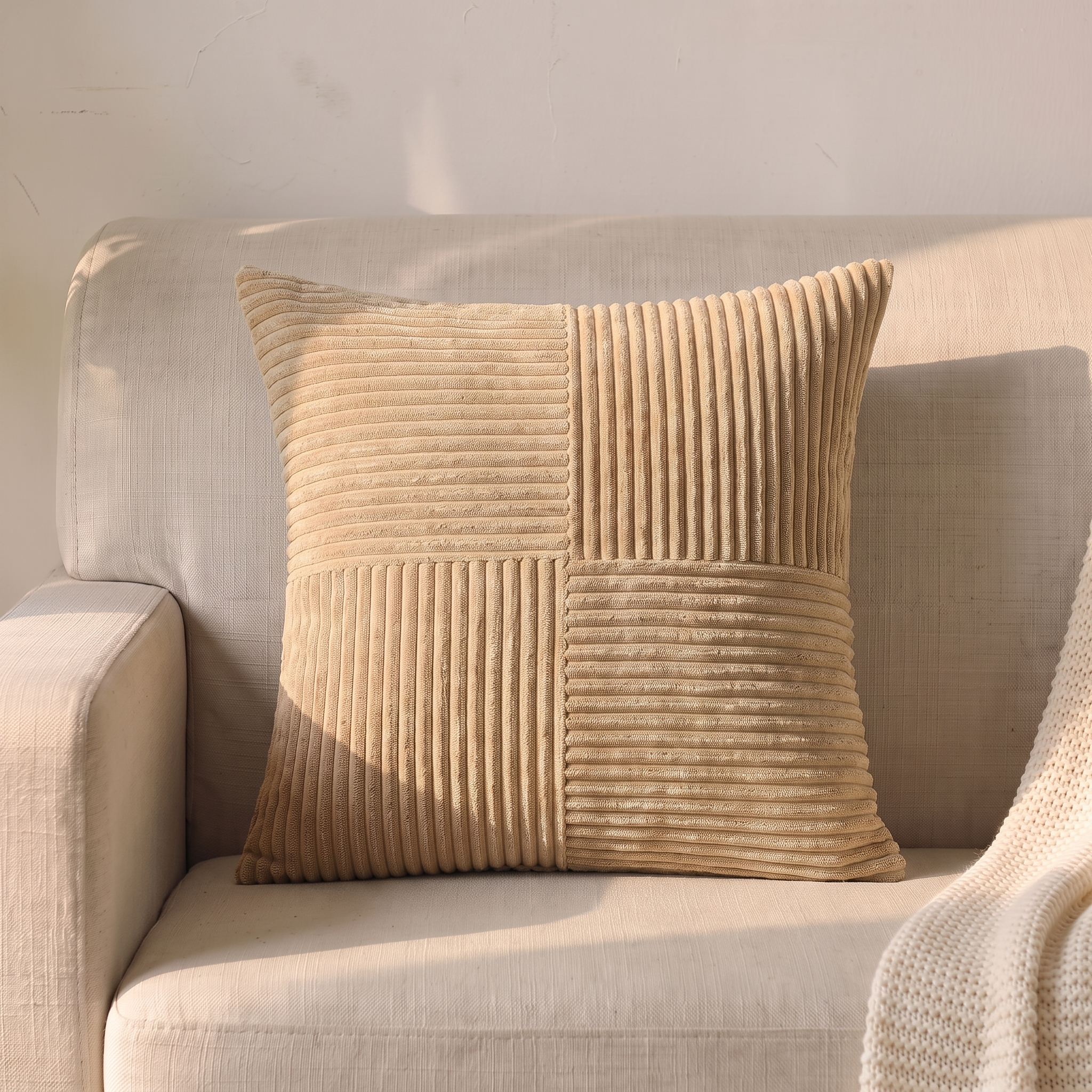 Housse de coussin velours côtelé beige, 45 × 45 cm