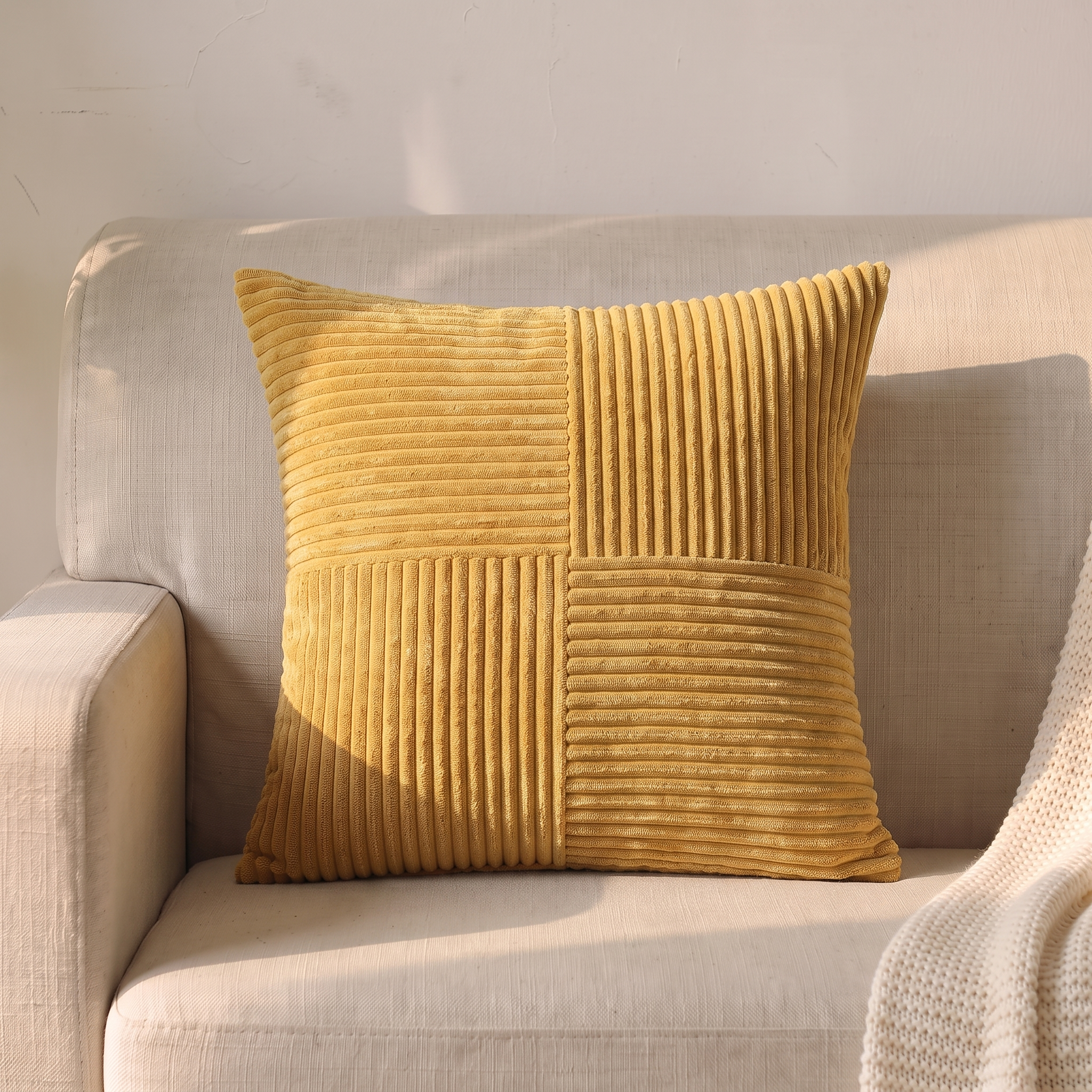 Housse de coussin velours côtelé jaune, 45 × 45 cm