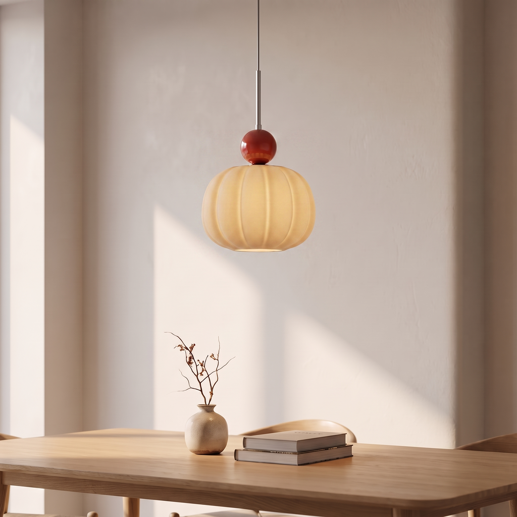 Suspension nordique citrouille, beige, ambiance salle à manger scandinave