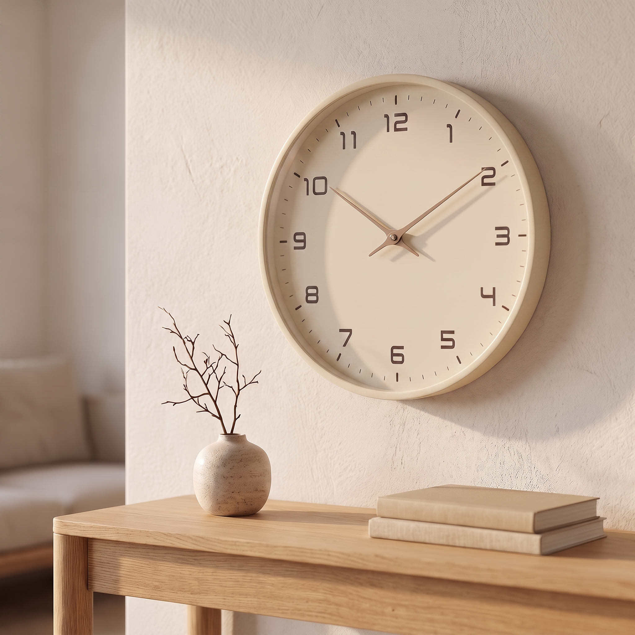 Horloge murale nordique en bois, coloris crème, salon scandinave