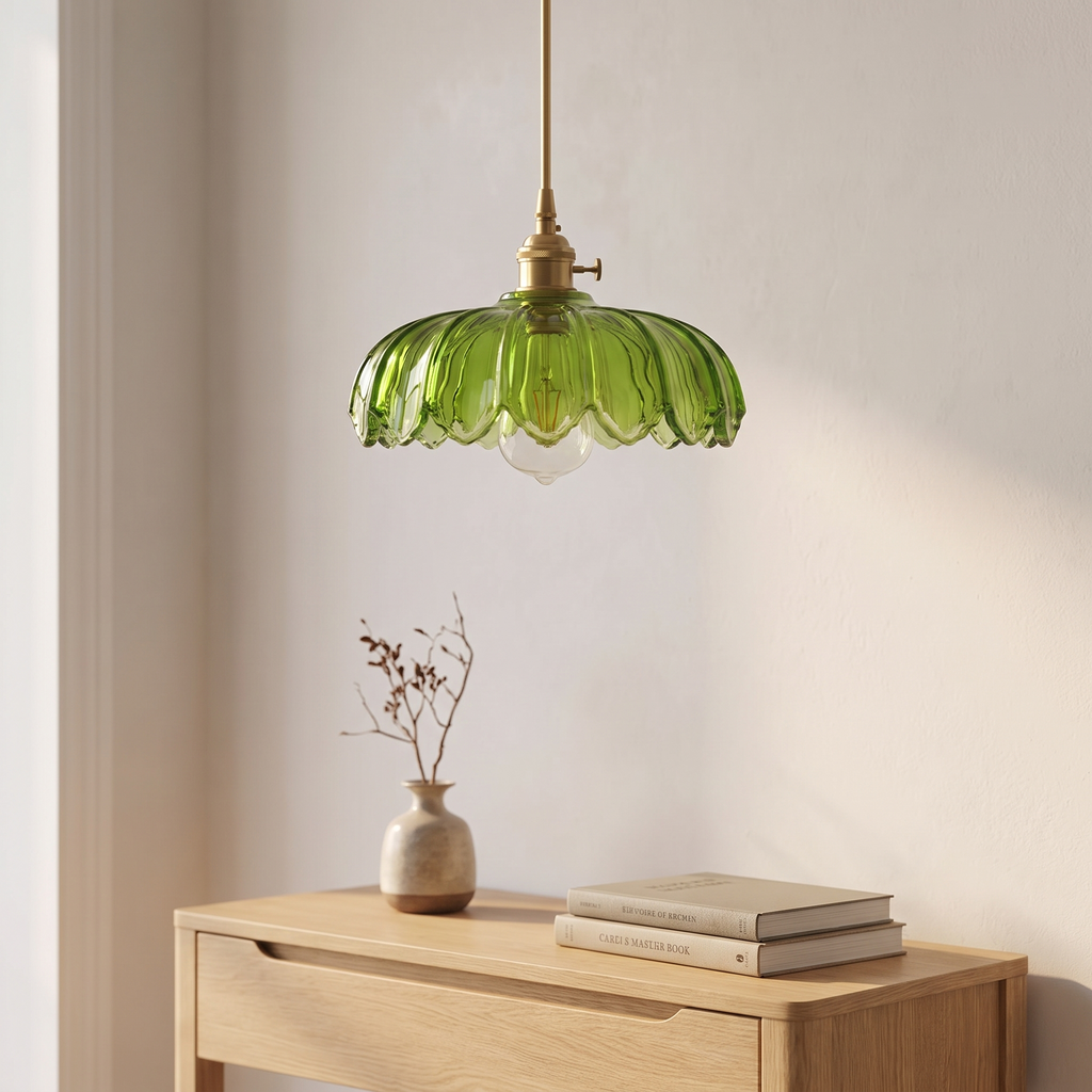 Suspension fleur vintage, verre coloré et laiton, entrée scandinave