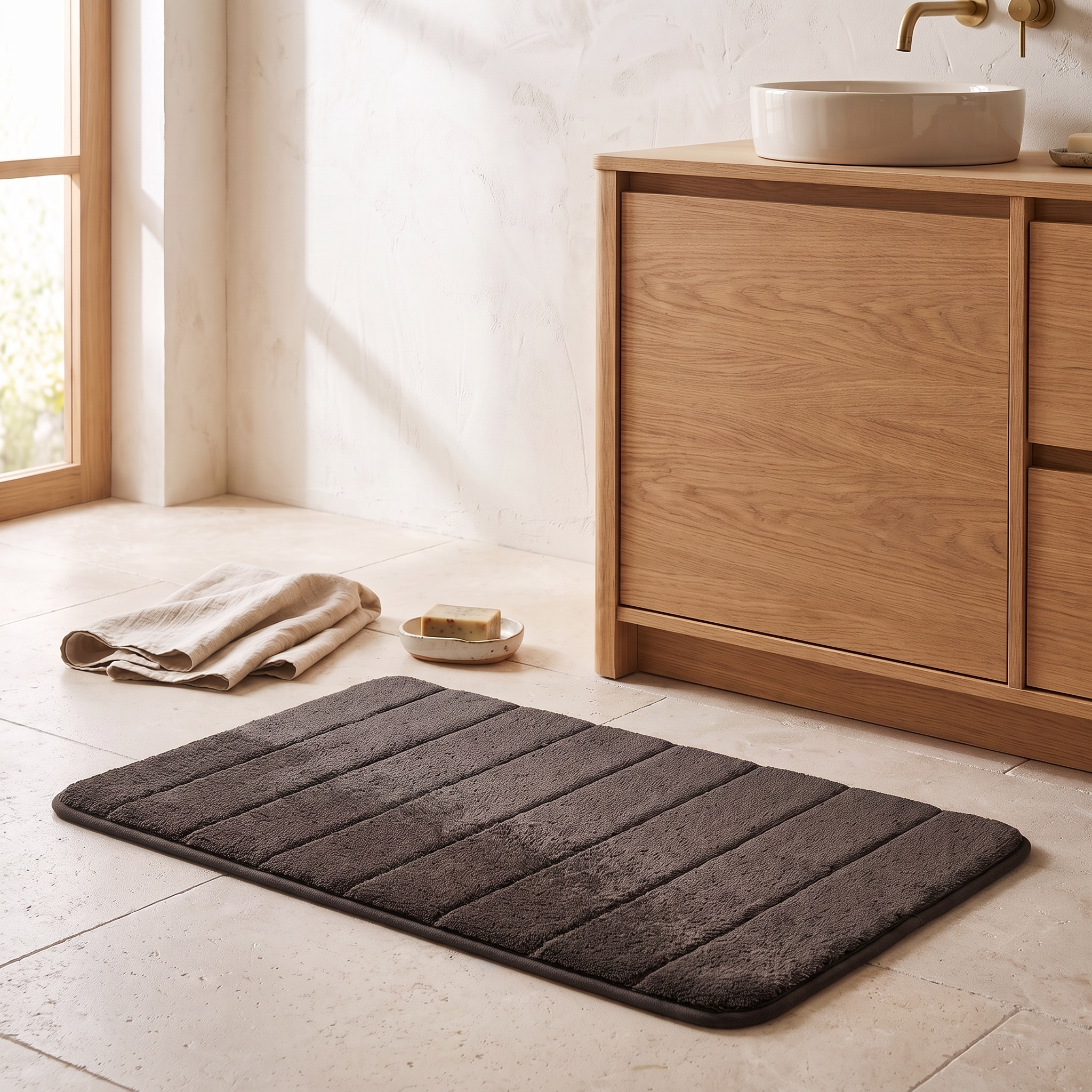 Tapis de bain ultra-doux, coloris gris foncé, salle de bain scandinave