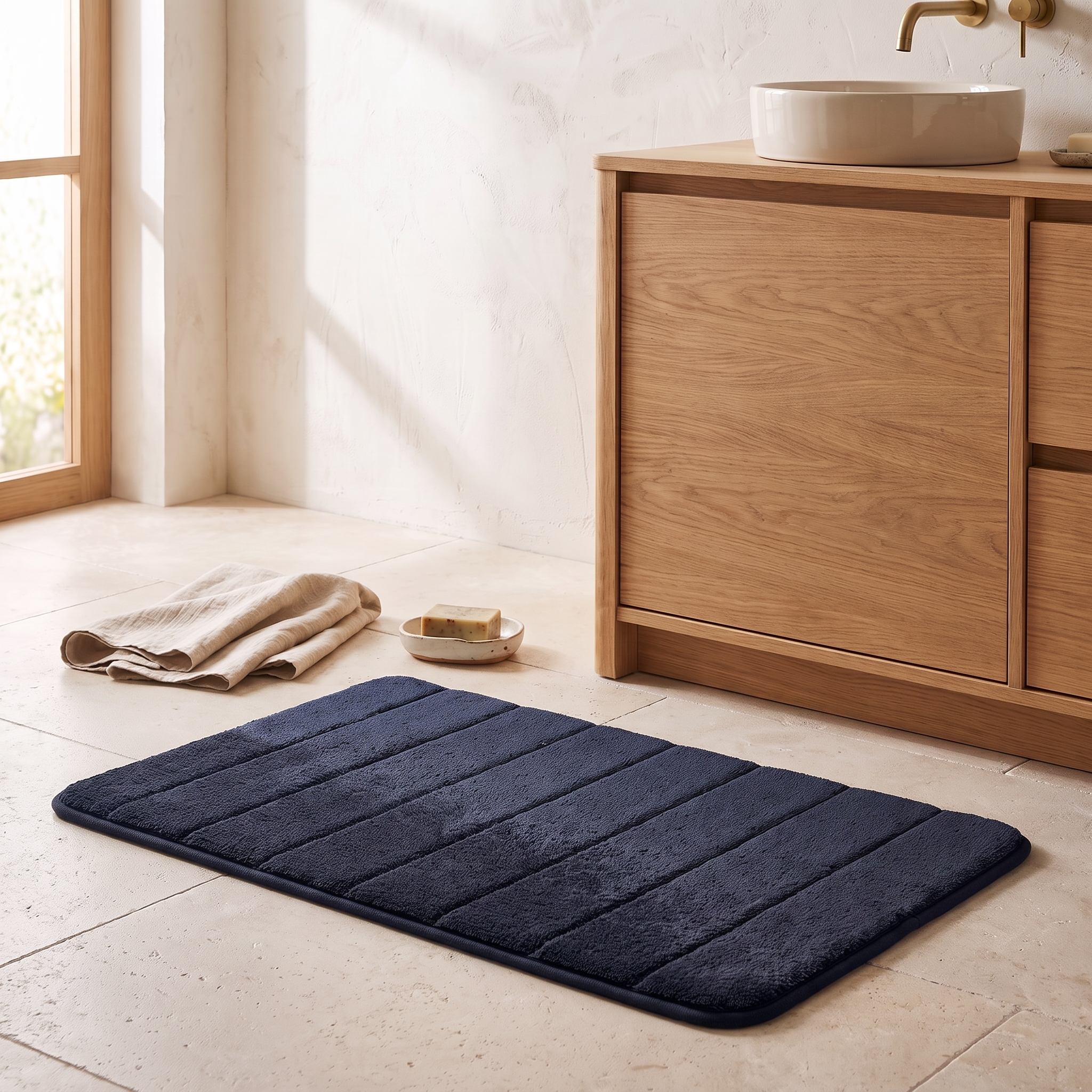 Tapis de bain ultra-doux, coloris bleu foncé, salle de bain scandinave