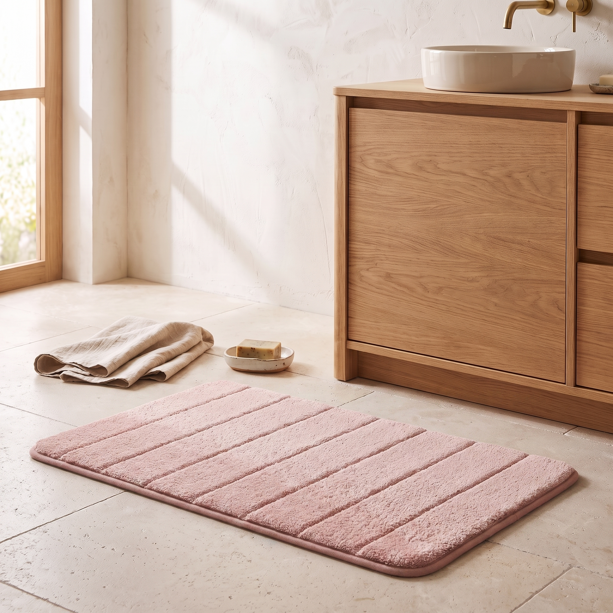 Tapis de bain ultra-doux, coloris rose, salle de bain scandinave