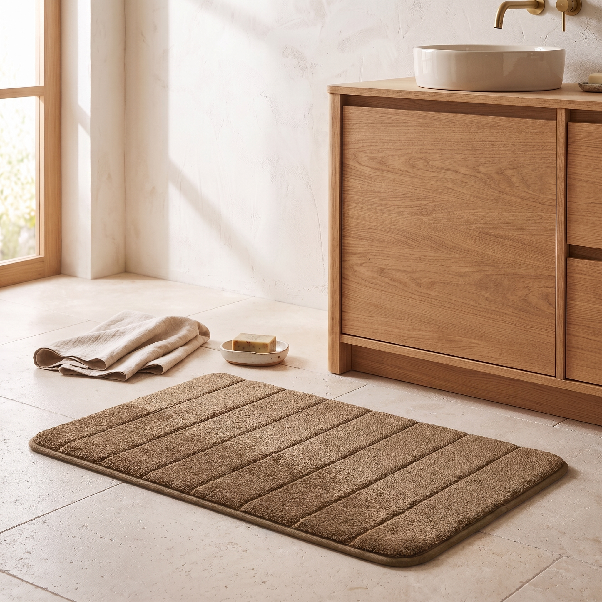 Tapis de bain ultra-doux, coloris kaki, salle de bain scandinave