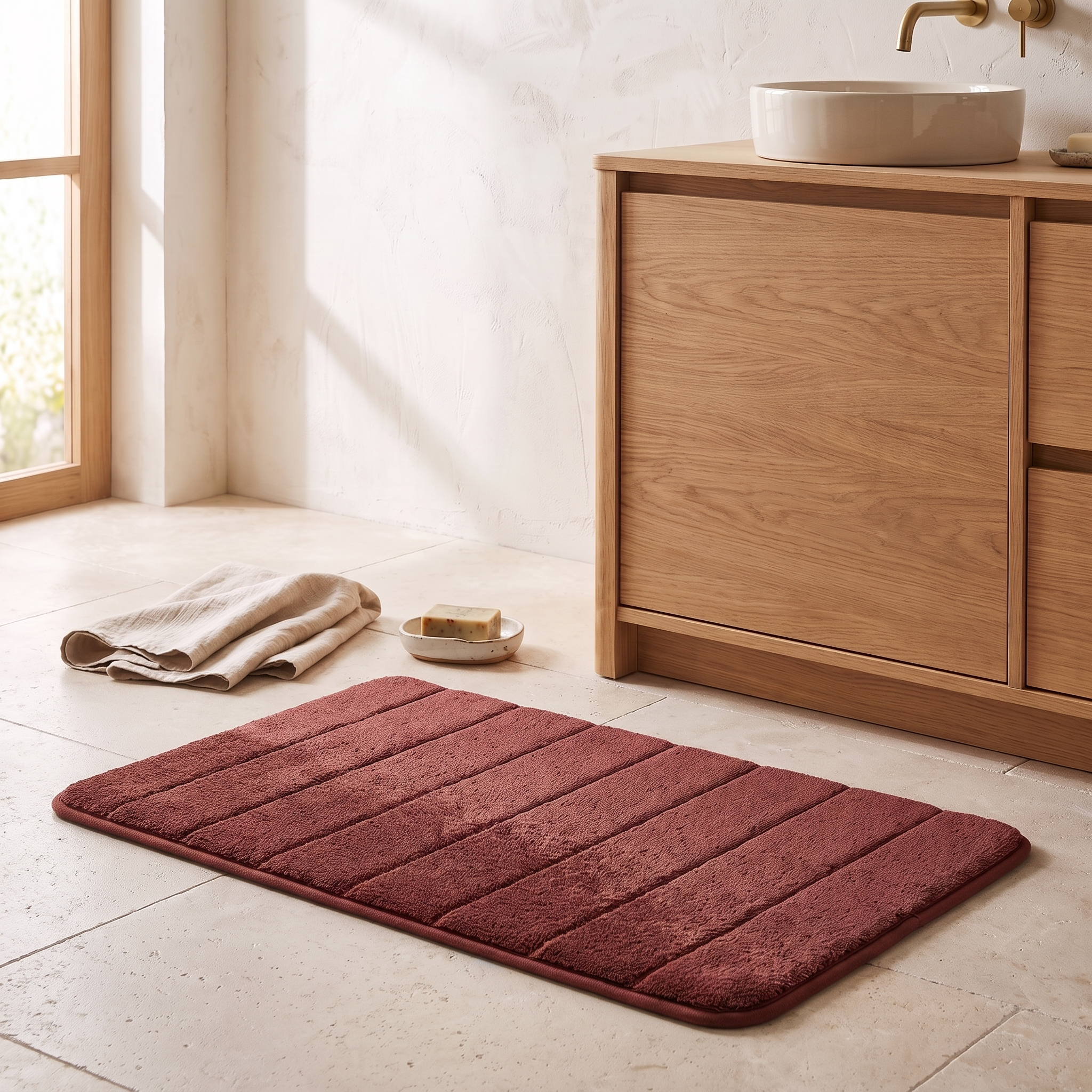Tapis de bain ultra-doux, coloris rouge, salle de bain scandinave