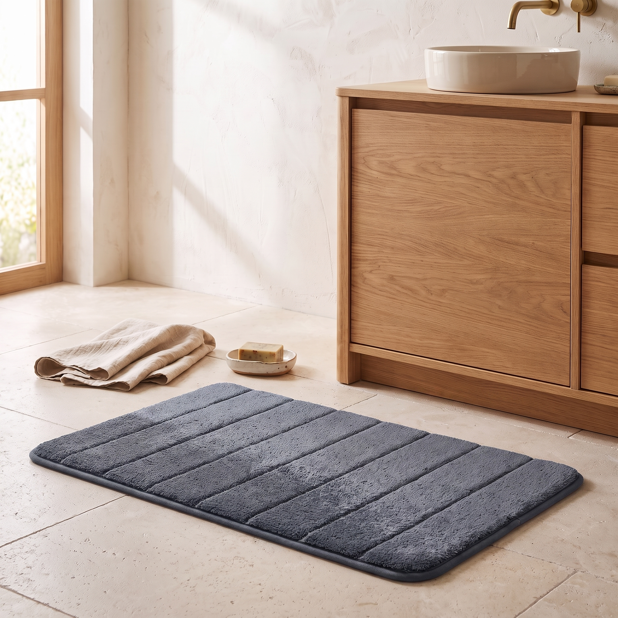 Tapis de bain ultra-doux, coloris bleu, salle de bain scandinave