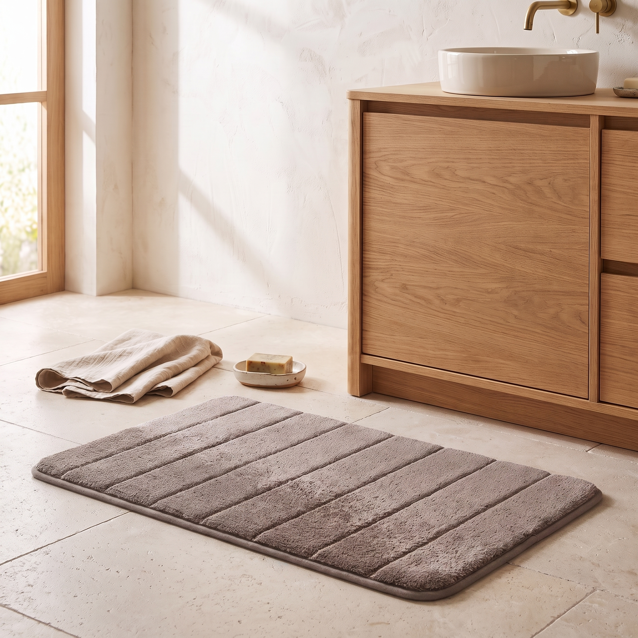 Tapis de bain ultra-doux, coloris gris, salle de bain scandinave