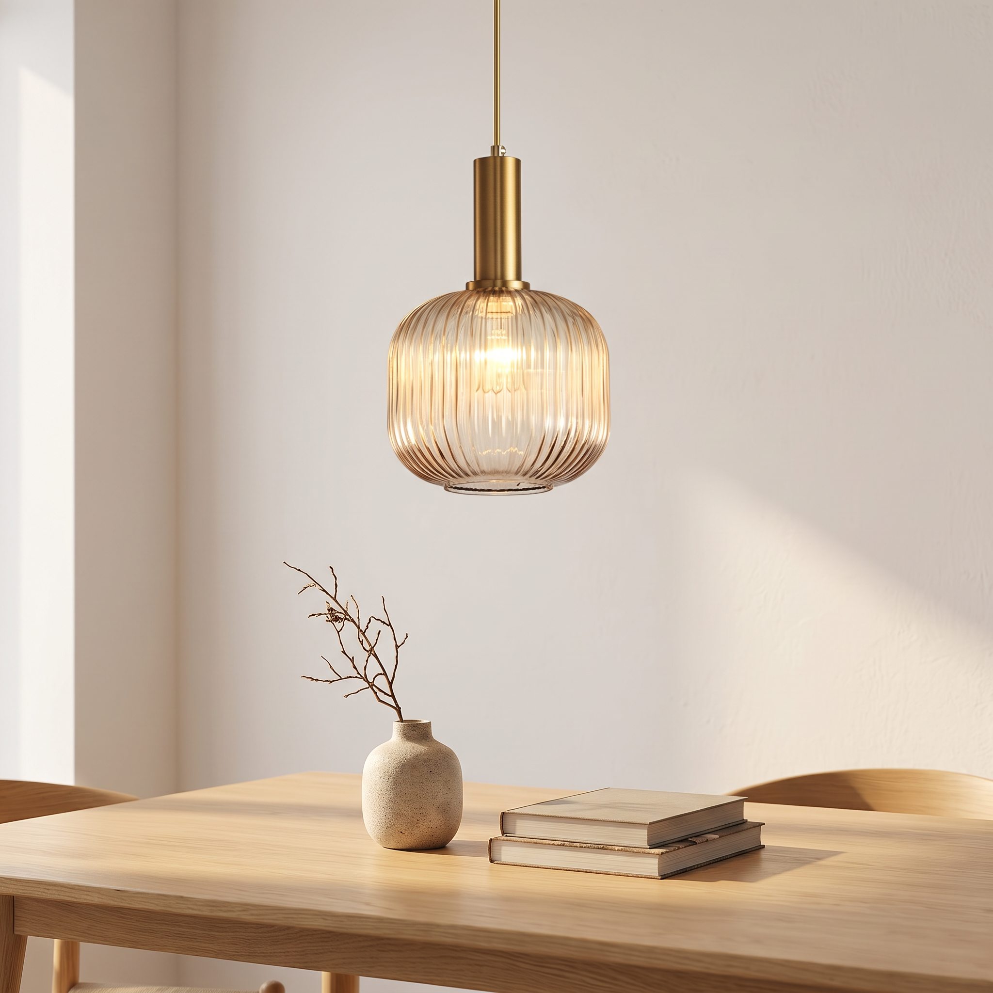 Suspension en verre strié et laiton poli, 20 × 30 cm, salle à manger scandinave