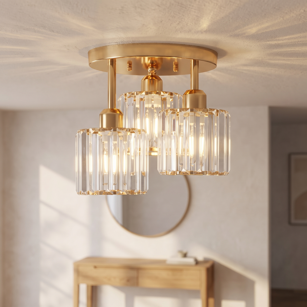 Plafonnier en cristal doré 3 lumières, semi-encastré, entrée scandinave