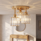 Plafonnier en cristal doré 3 lumières, semi-encastré, entrée scandinave