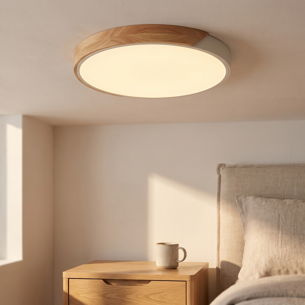 Plafonnier LED nordique en bois, chambre scandinave épurée