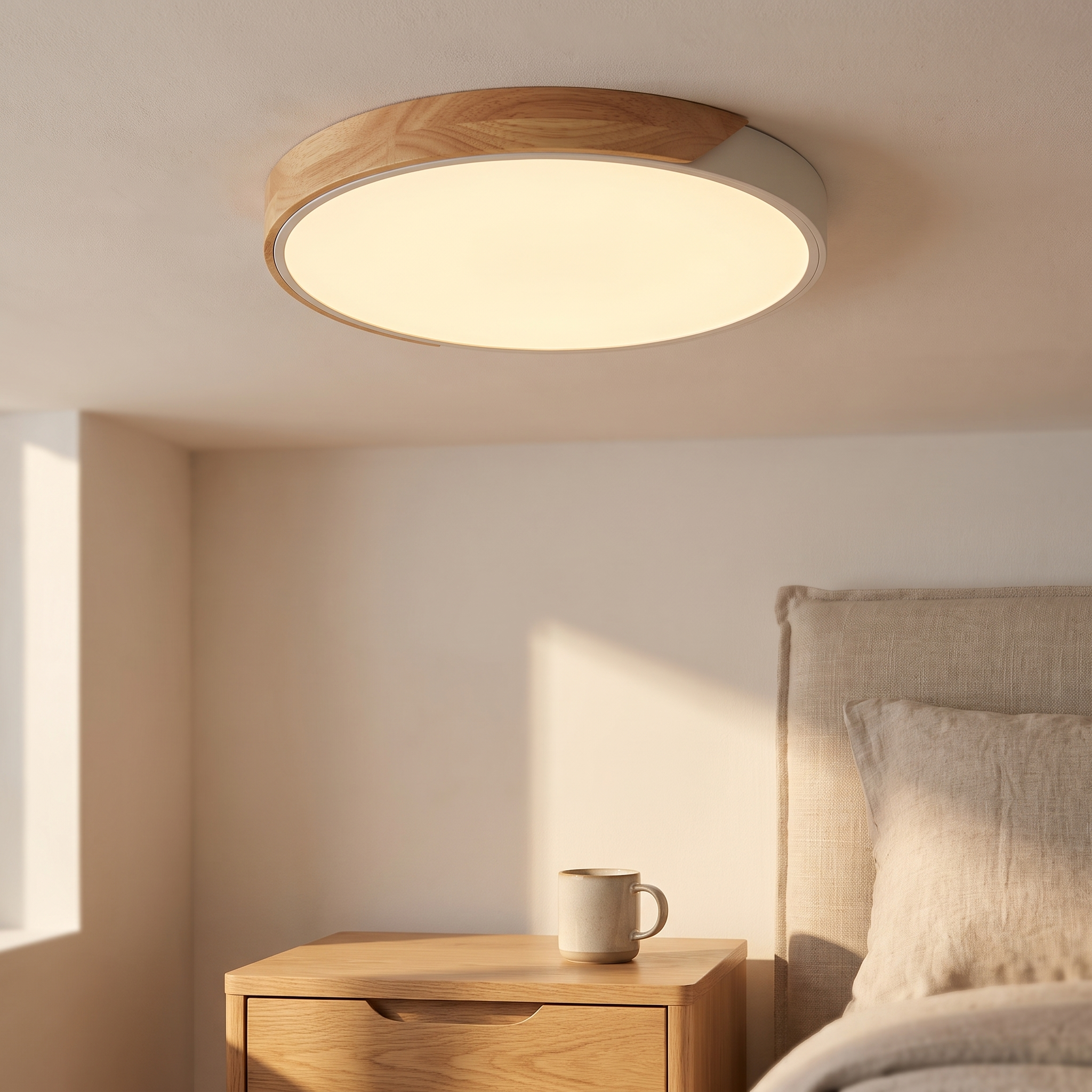 Plafonnier LED nordique en bois, chambre scandinave épurée