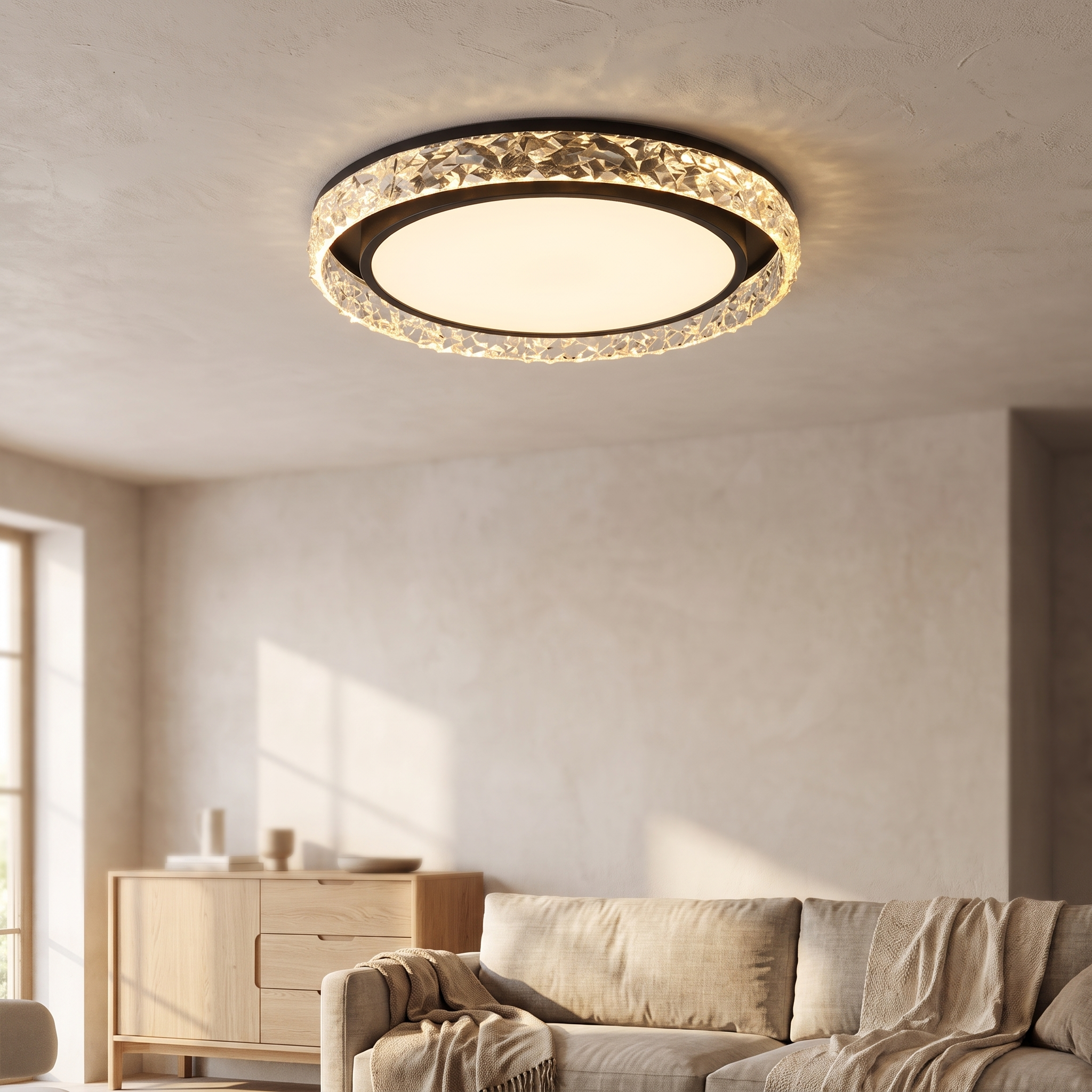 Plafonnier LED anneau de cristal 50 cm, salon scandinave