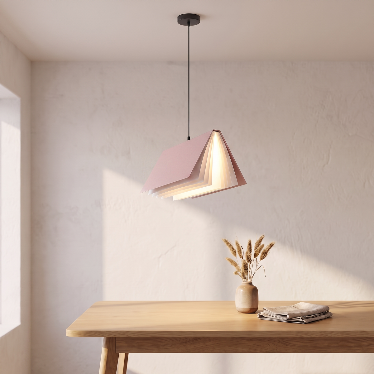 Suspension livre envolé, coloris rose, salle à manger scandinave