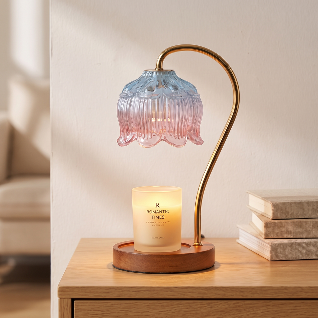 Lampe chauffe-bougie en verre retro et bois massif, salon scandinave