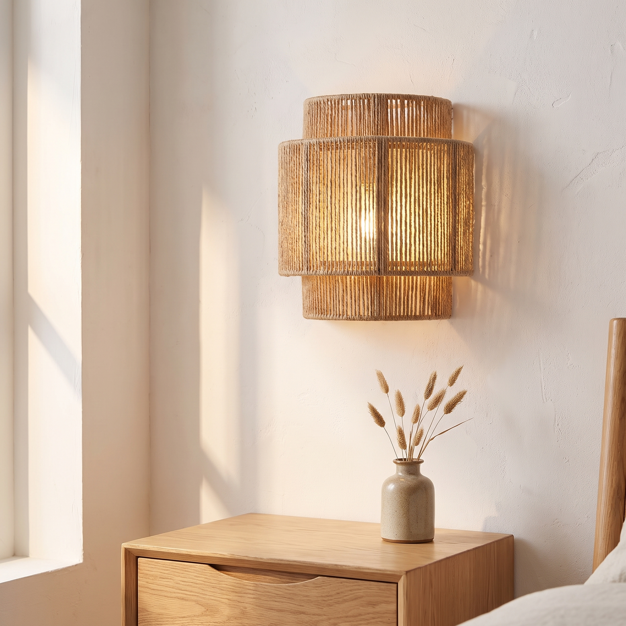 RattanGlow applique murale en rotin tresse main, chambre scandinave