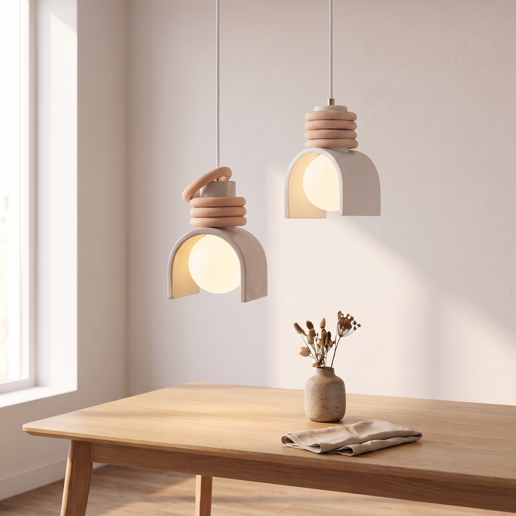 Suspension Wabi-Sabi en résine, blanc, au-dessus d'une table en chêne