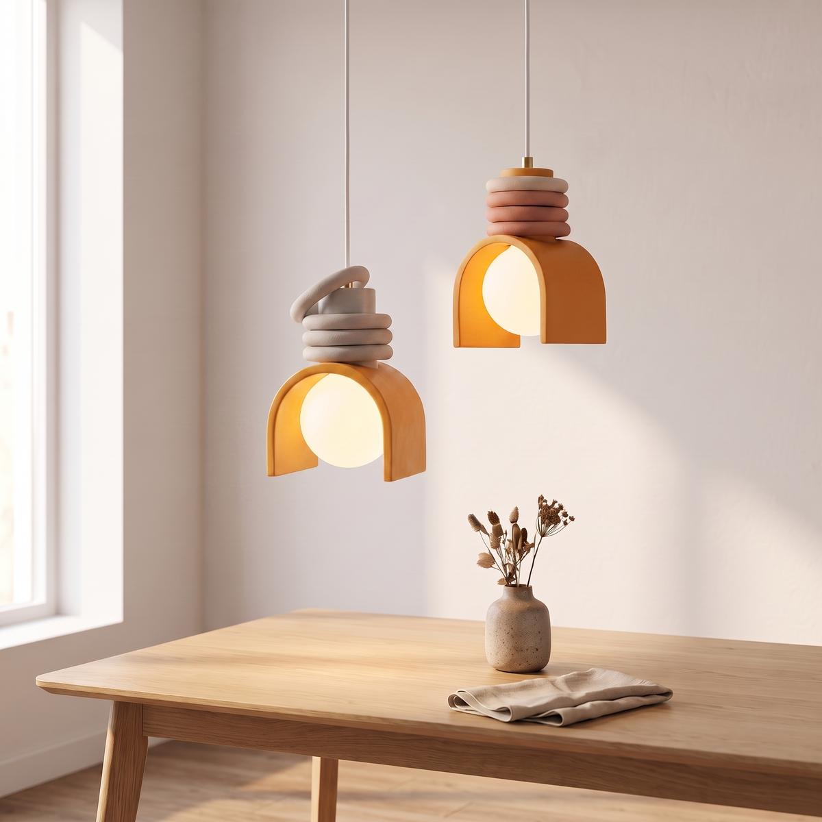 Suspension Wabi-Sabi en résine, orange, au-dessus d'une table en chêne