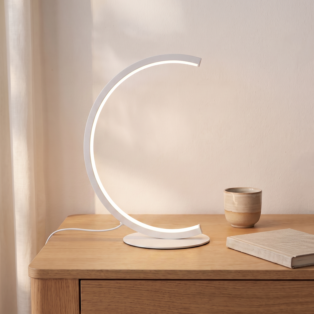 Lampe de bureau LED croissant de lune, blanc, bureau scandinave en chêne