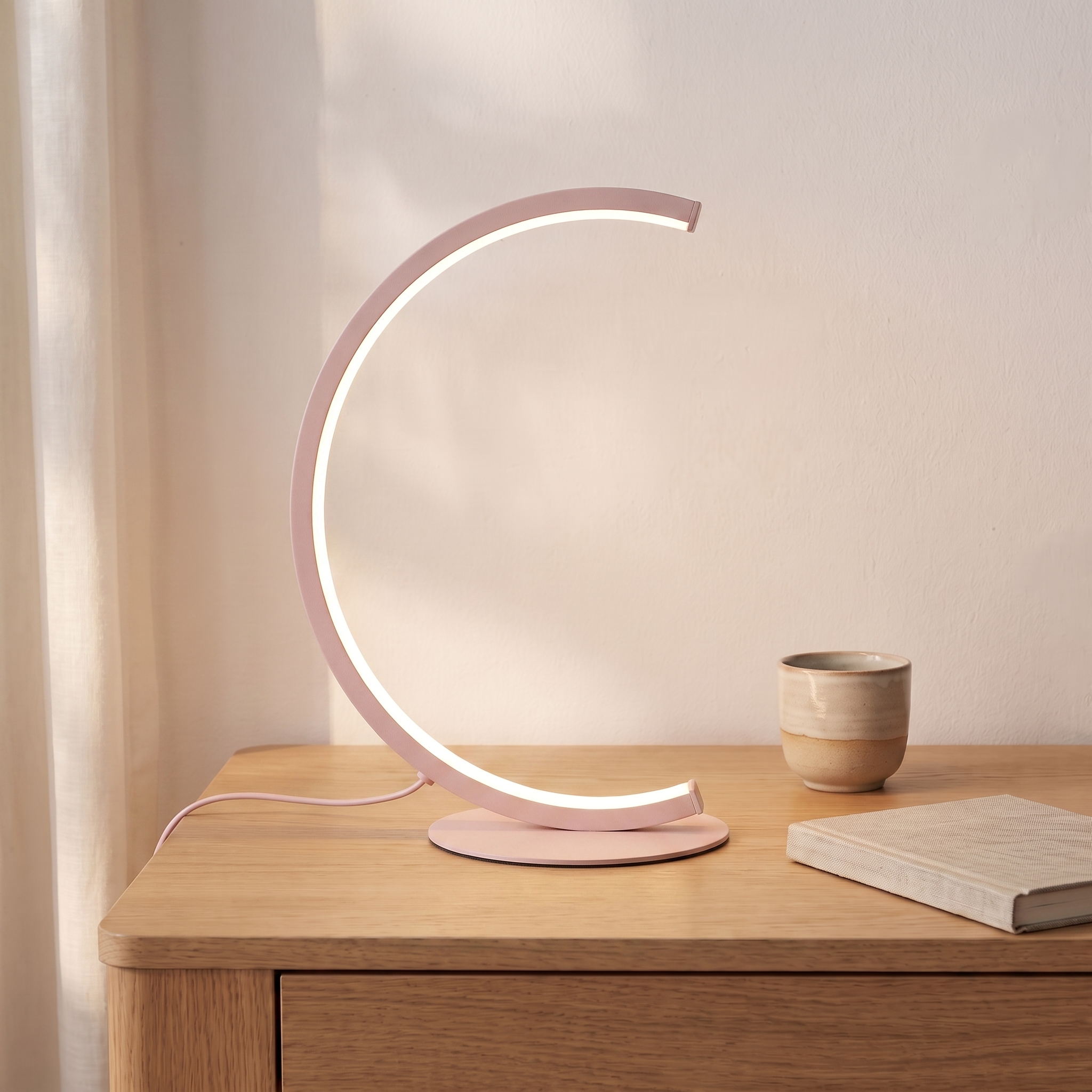 Lampe de bureau LED croissant de lune, rose, bureau scandinave en chêne