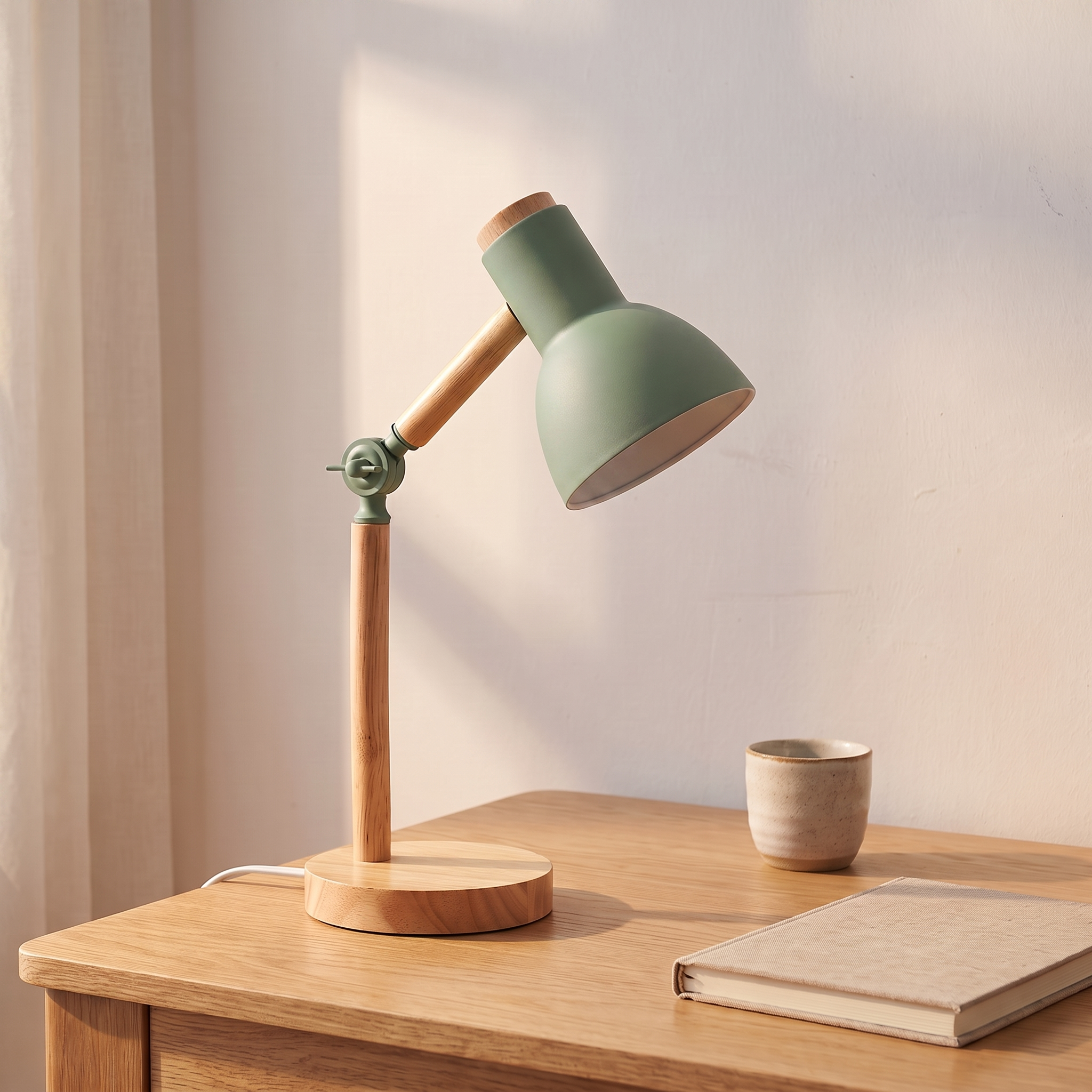 Lampe de bureau nordique en bois, vert, bureau en chêne clair