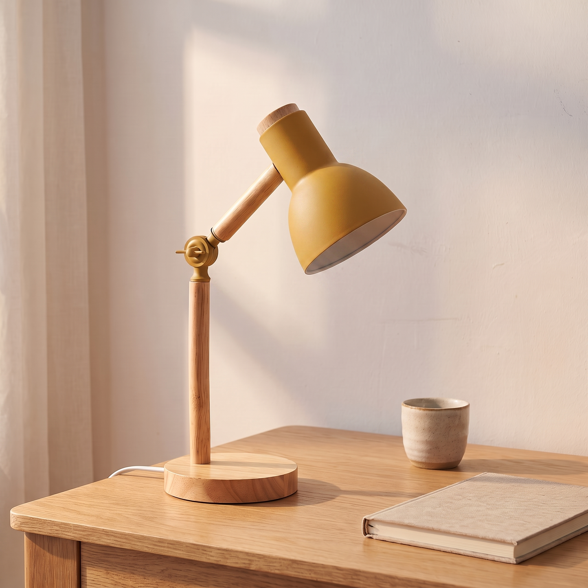 Lampe de bureau nordique en bois, jaune, bureau en chêne clair
