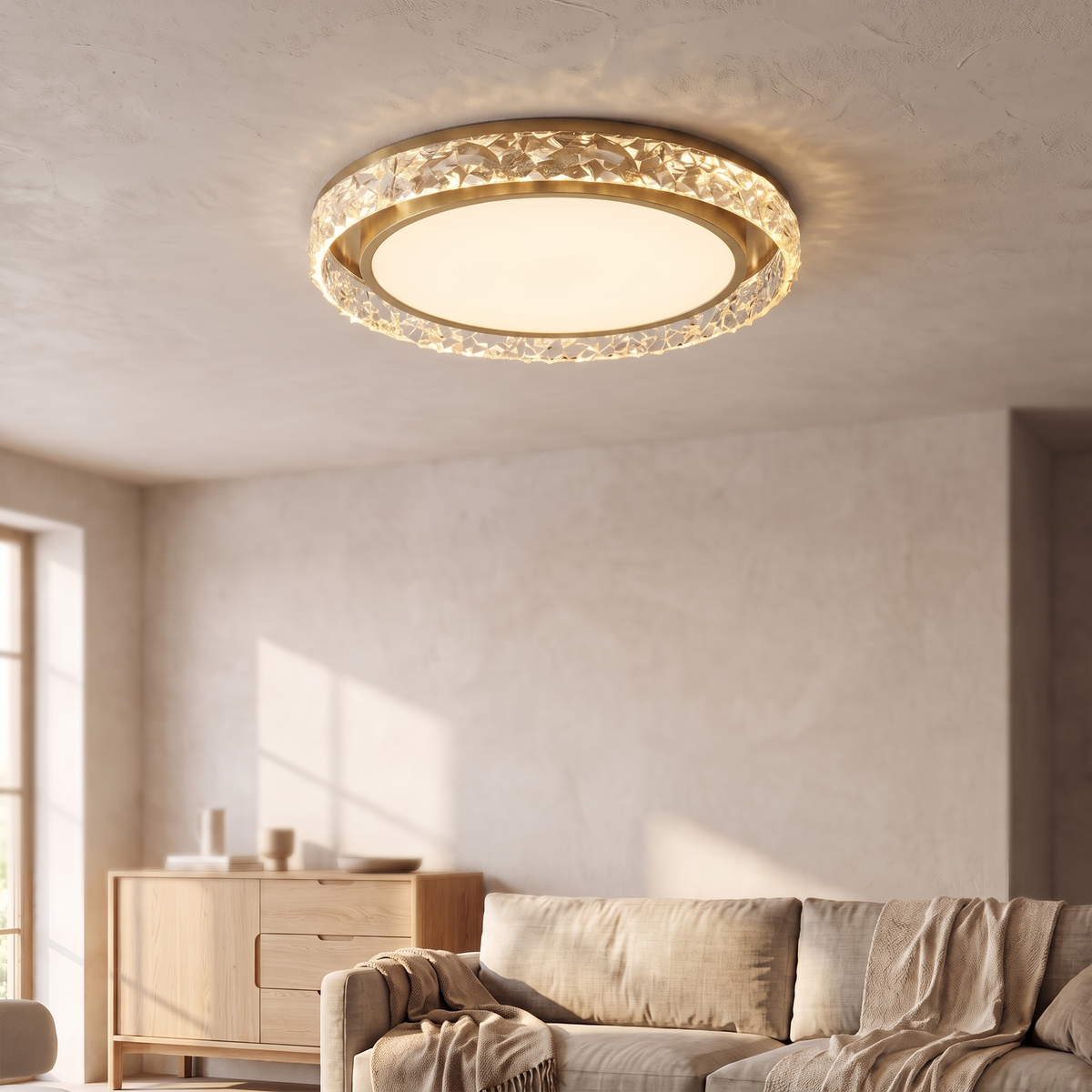 Plafonnier LED anneau de cristal, doré, salon scandinave