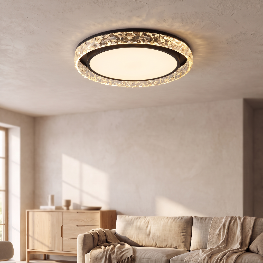 Plafonnier LED anneau de cristal, noir, salon scandinave