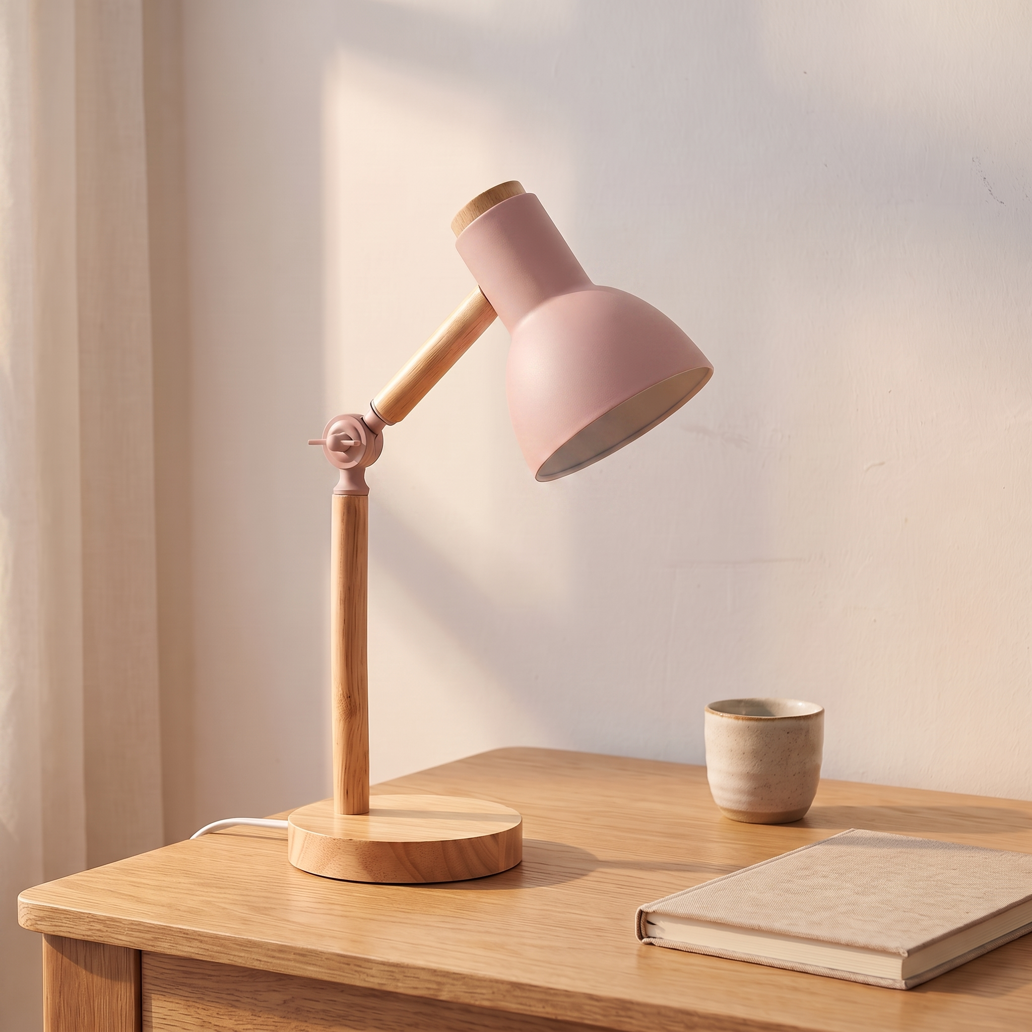 Lampe de bureau nordique en bois, rose, bureau en chêne clair