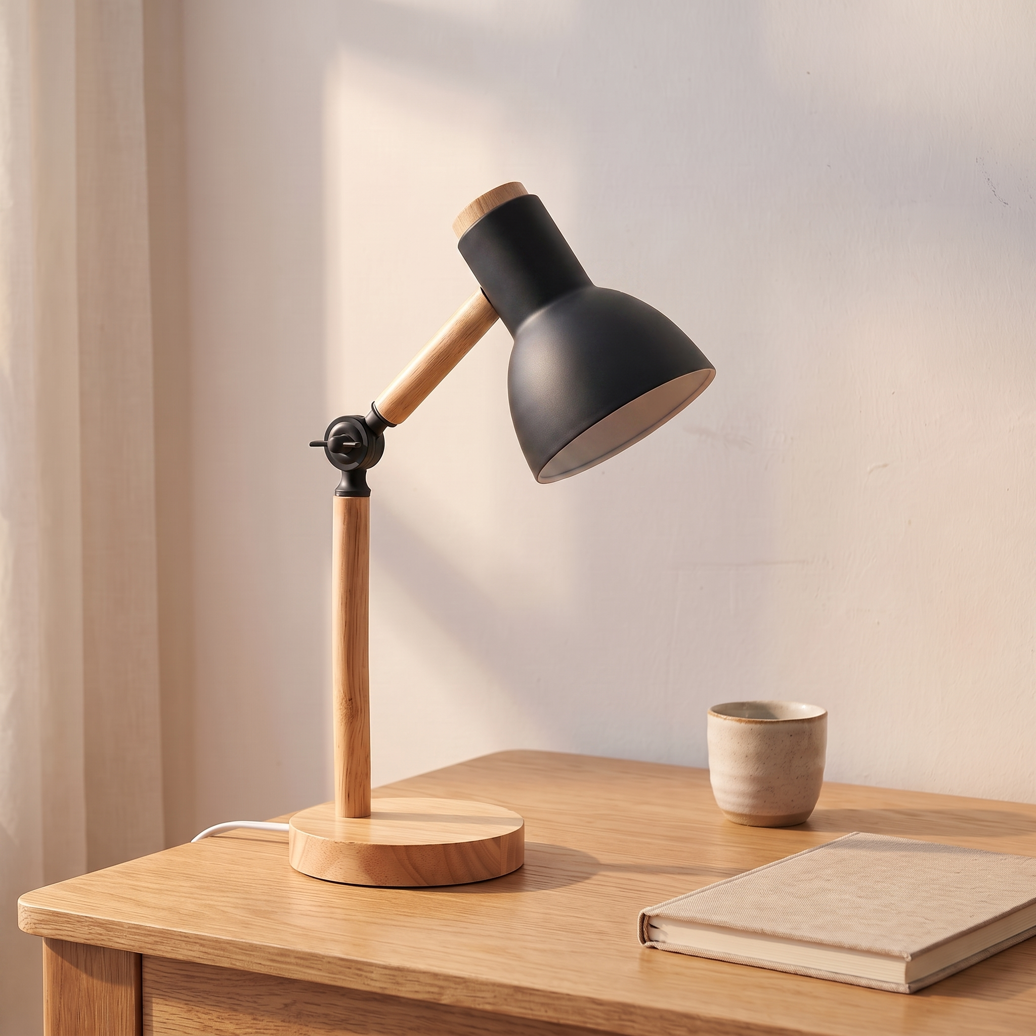 Lampe de bureau nordique en bois, noir, bureau en chêne clair