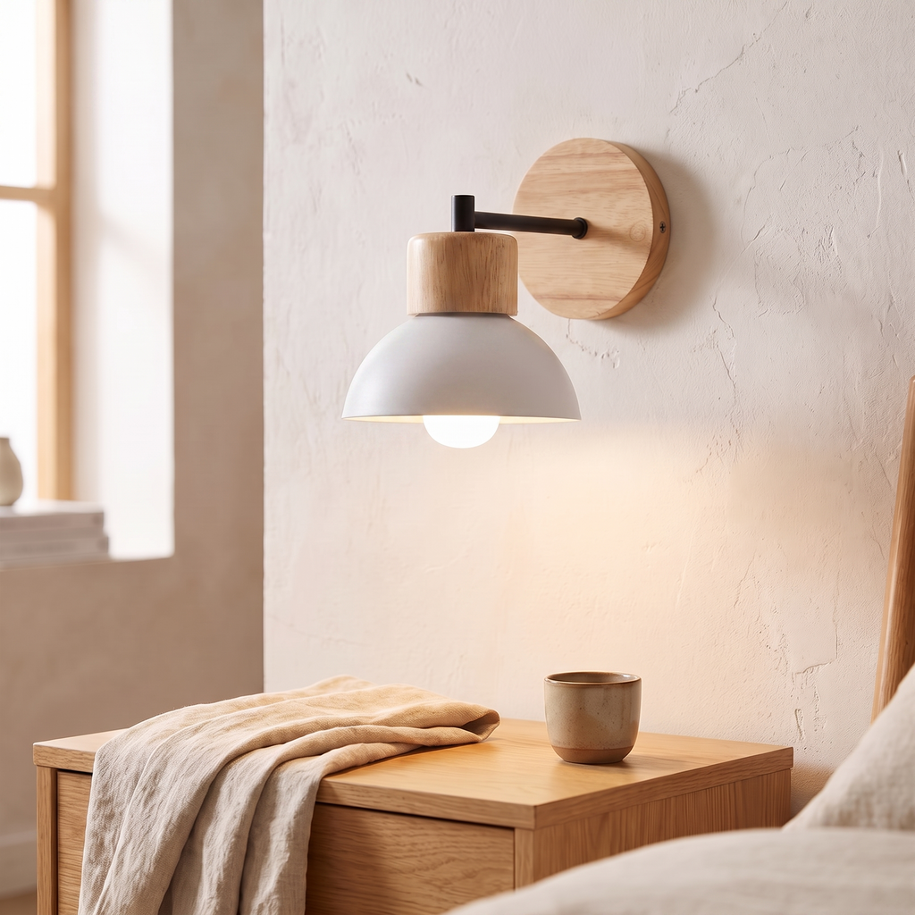 Applique murale bois et metal, blanc, chambre scandinave