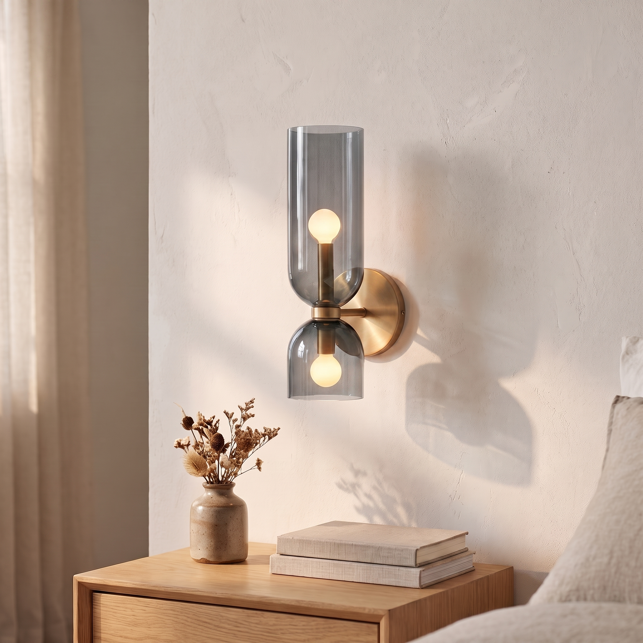 Applique murale nordique en verre, gris fume, chambre scandinave