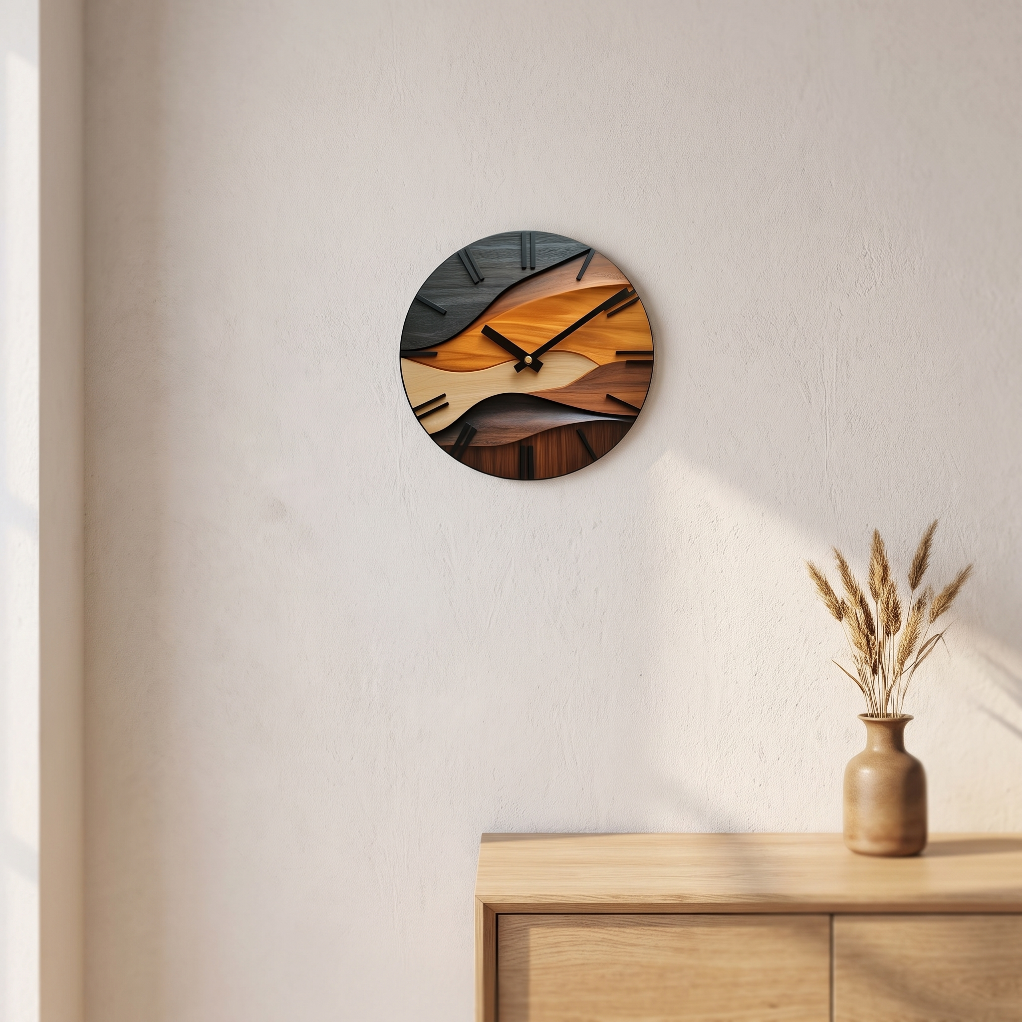 Horloge murale ronde 30 cm effet bois, salon scandinave