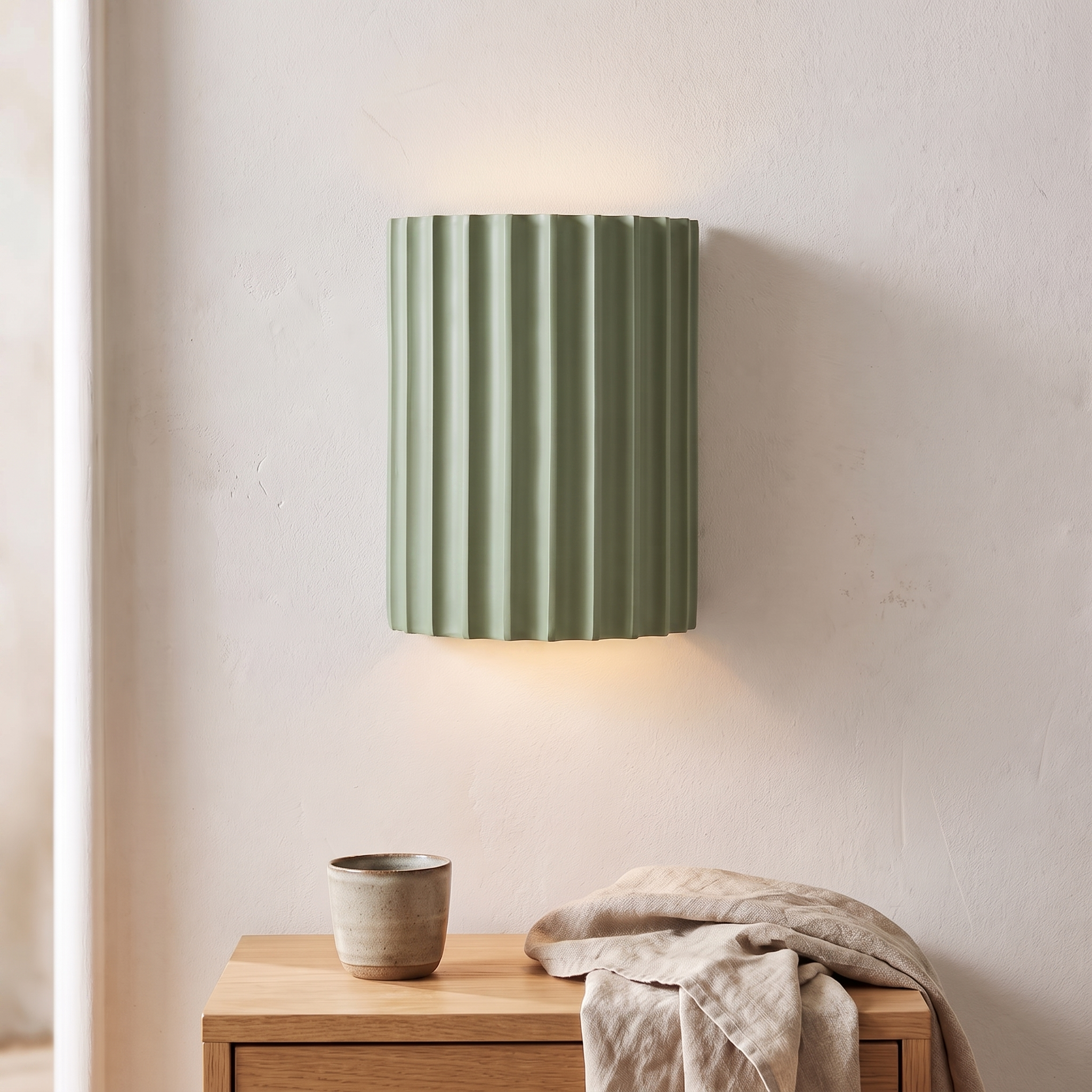 Applique murale en résine nervurée, coloris vert, chambre scandinave
