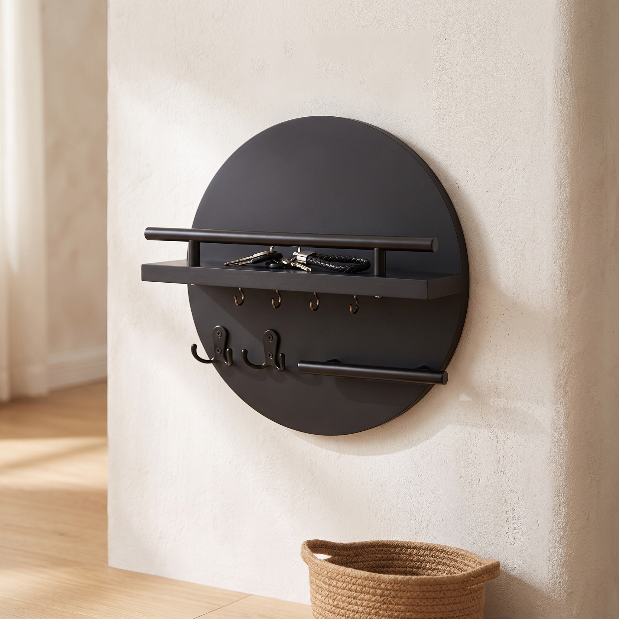 Porte-clés mural rond en bois, organiseur d'entrée scandinave