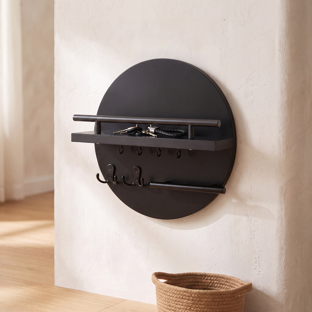 Porte-clés mural rond en bois, coloris noir, entrée scandinave