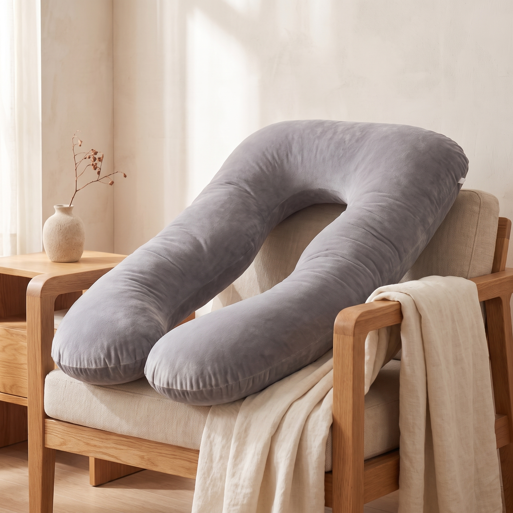 Coussin de corps en U posé dans un fauteuil de lecture en chêne clair