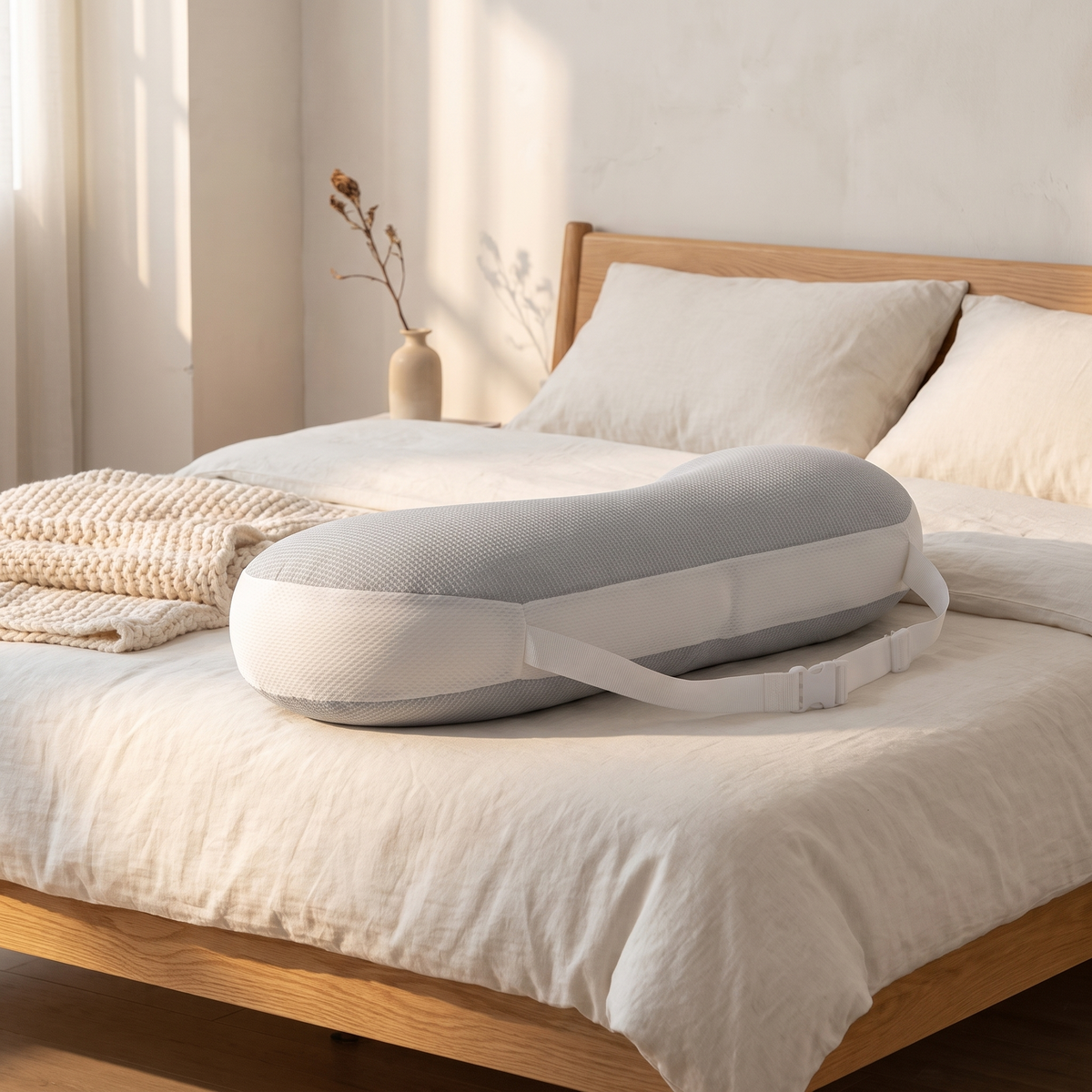 Coussin de maintien réglable 65 × 32 cm sur un lit en lin, chambre scandinave
