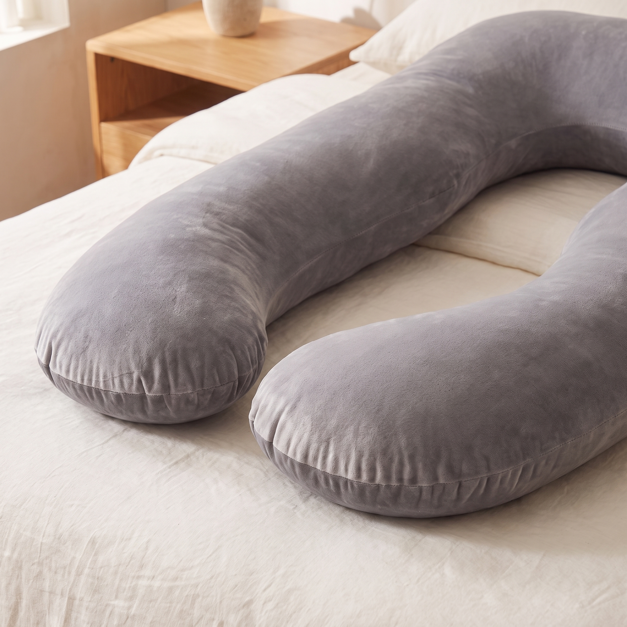 Coussin de corps en U 155 cm, vue rapprochée de la courbe et du tissu