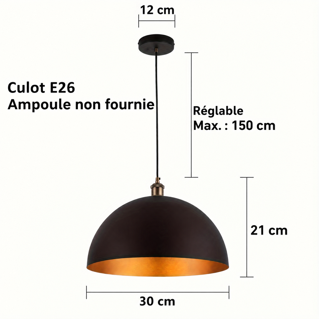 Suspension dôme industrielle Ø 30 cm – dimensions
