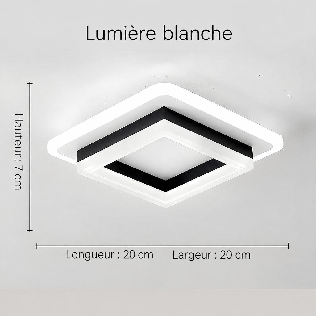 Plafonnier LED carré noir – lumière blanche, dimensions