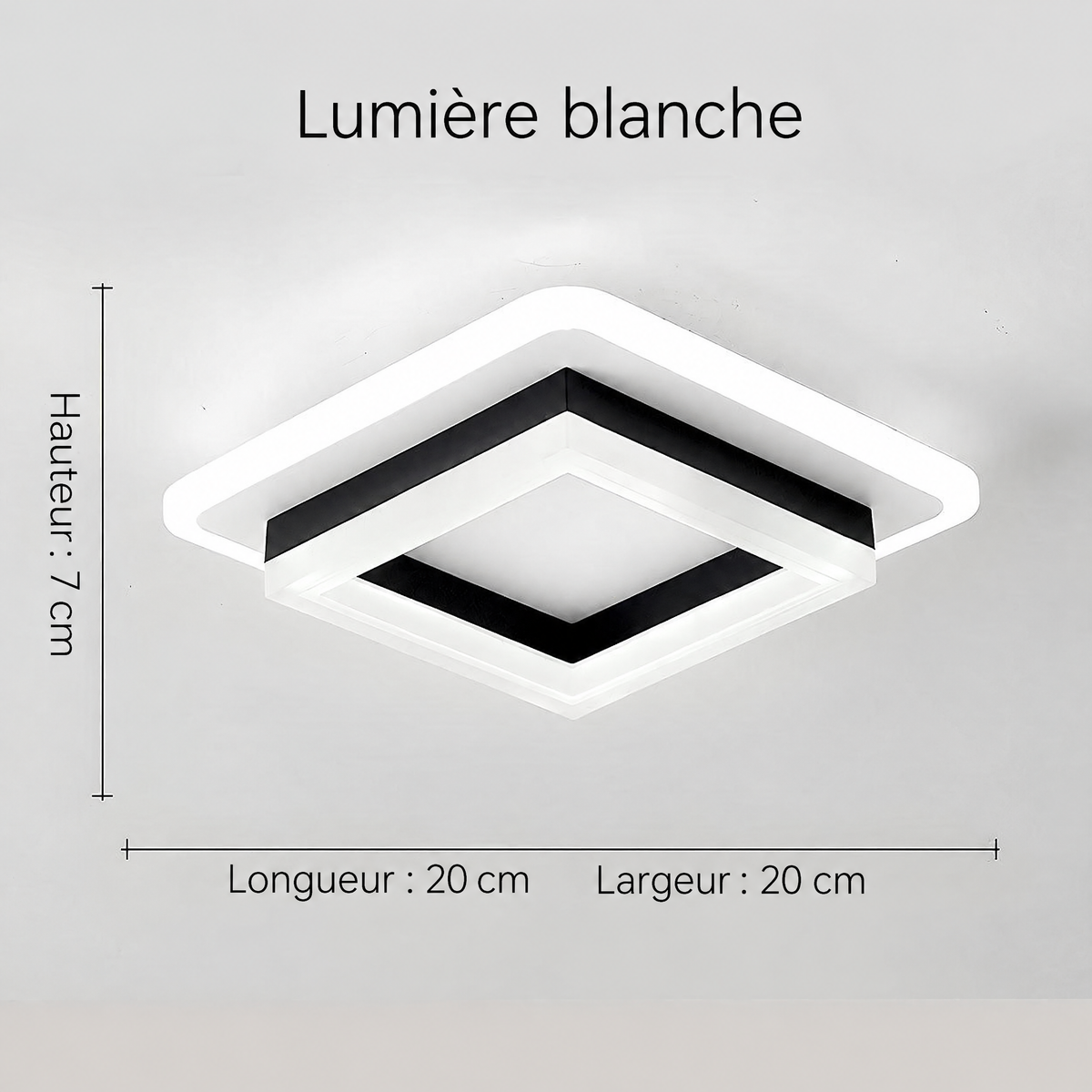 Plafonnier LED carré noir – lumière blanche, dimensions