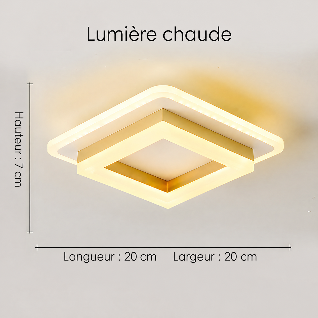 Plafonnier LED carré doré – lumière chaude, dimensions