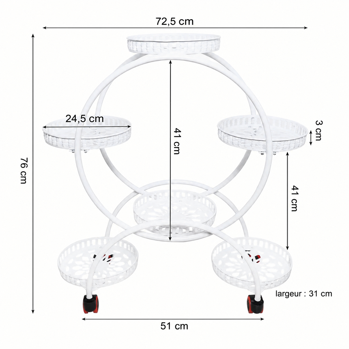 Support à plantes à roulettes blanc – dimensions
