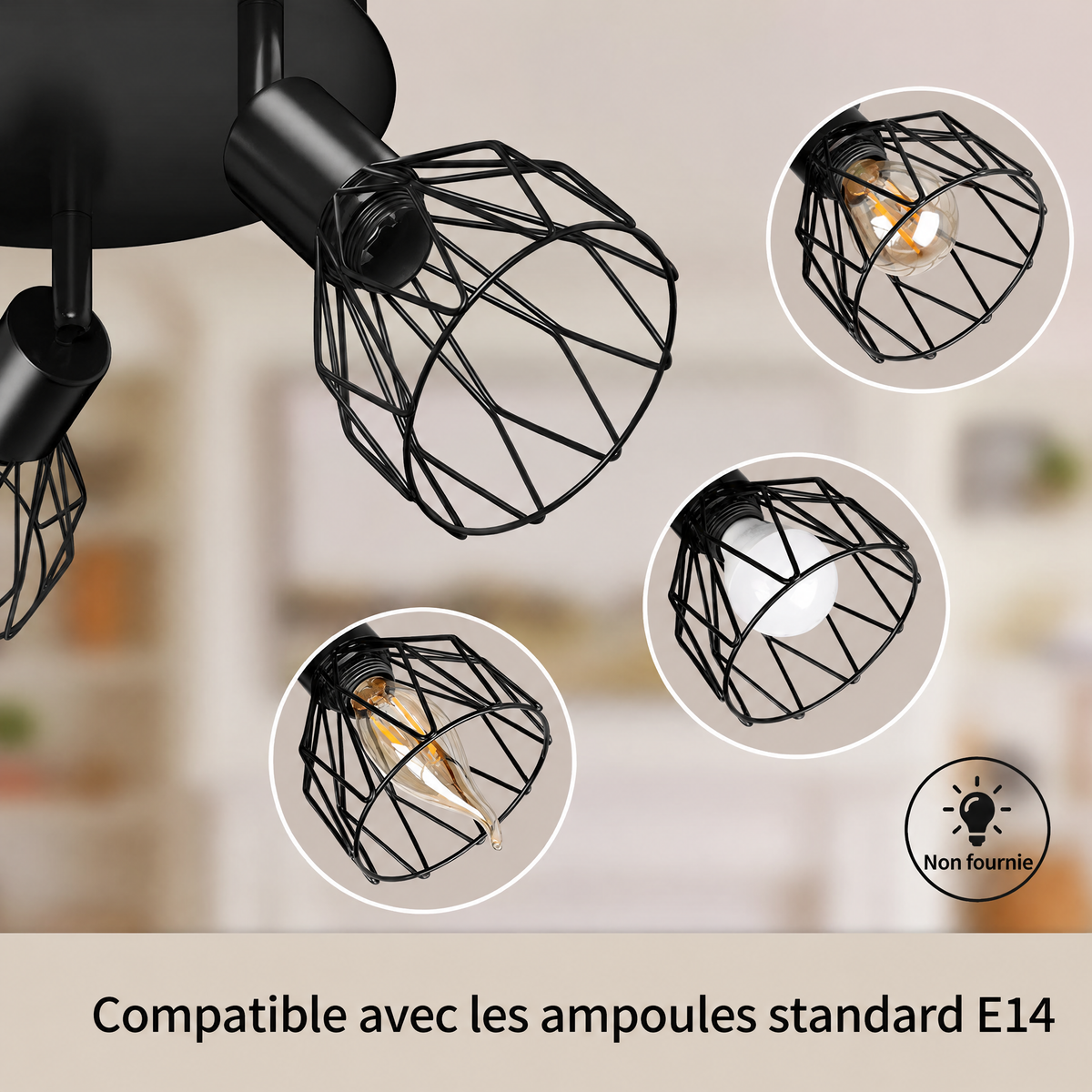 Plafonnier à spots orientables – compatible ampoules E14