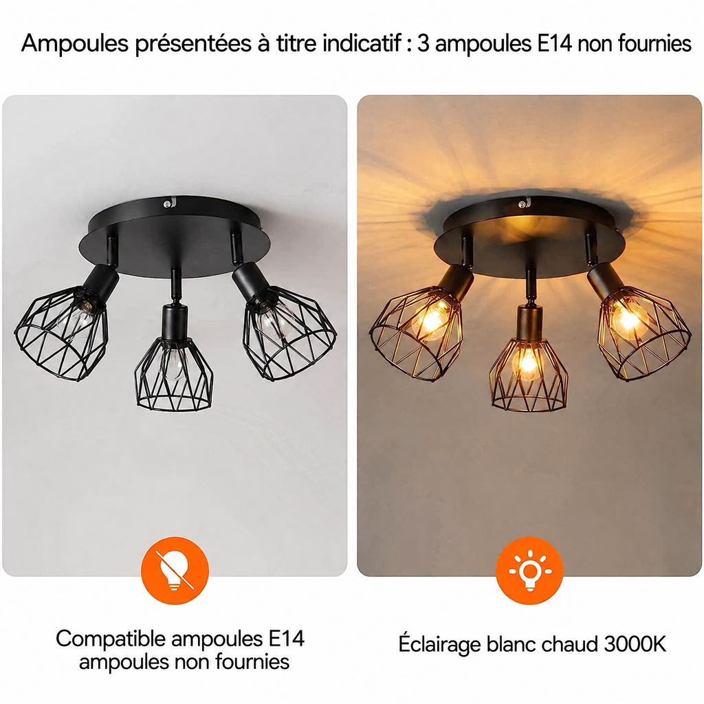 Plafonnier à spots orientables – ampoules E14 non fournies