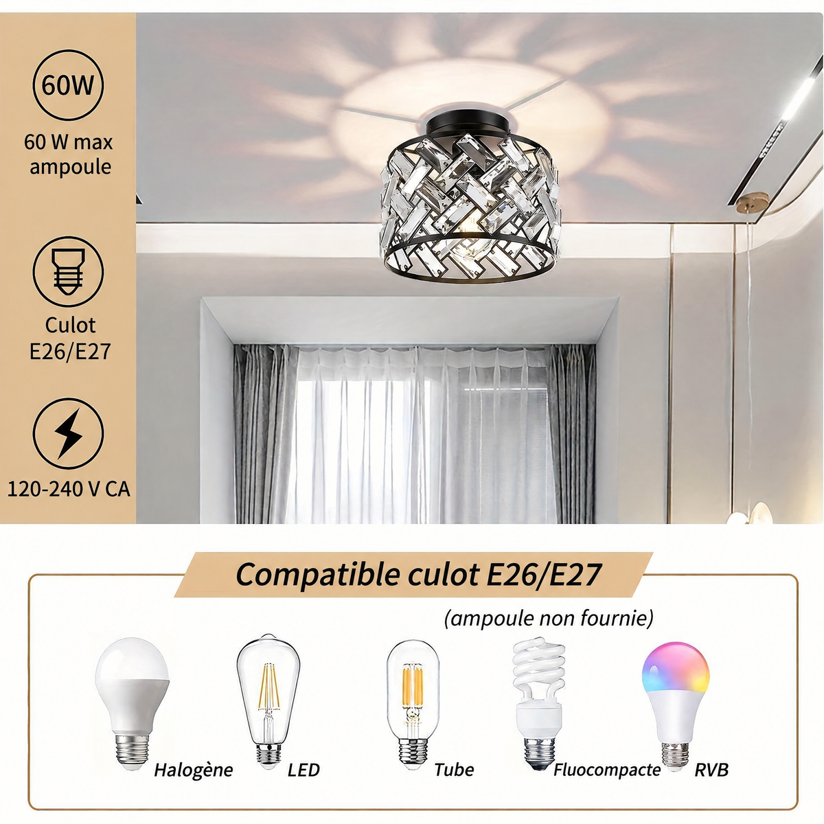 Plafonnier en cristal – culot E26/E27, 60 W max